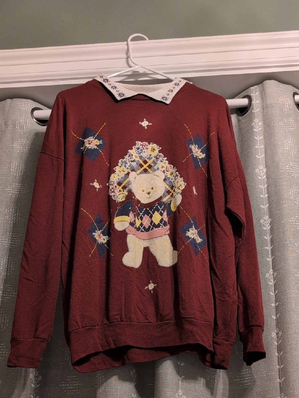 Women’s Burgundy Teddy Bear Sweater with Embroidered Collar